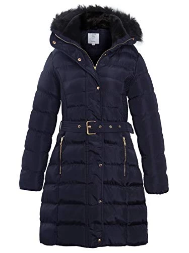 Women's Padded Faux Fur Parka Coat (Navy, 14)