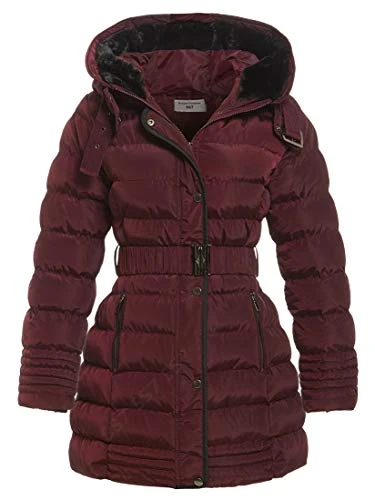 Women's Padded Fur Hood Winter Parka Coat, Sizes 8 to 16 (UK - 10, Berry)