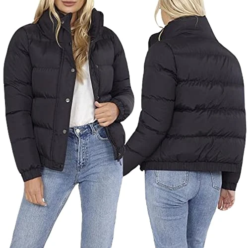 Women's Padded Jacket Puffer Funnel Neck Zip Through Winter Warm Coat Black 8