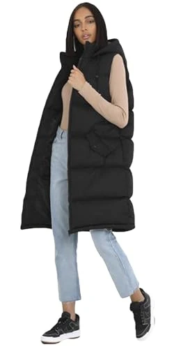 Women's Padded Long Gilet Hooded Puffer Casual Zipper Body Warmer Jacket Top Black UK 10