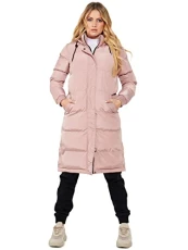 Womens Padded Long Puffer Coat with Side Splits Dusky Pink