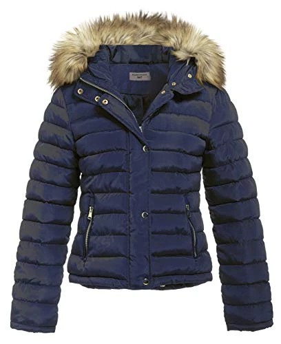 Women's Padded Winter Quilted Fur Parka Jacket, Sizes 8 to 16 (10, Navy)