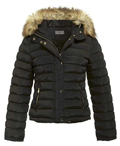 Women's Padded Winter Quilted Fur Parka Jacket, Sizes 8 to 16 (UK - 14, Black)