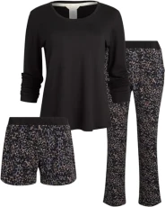 Women's Pajama 3 Piece Set- Long Sleeve Shirt, Pants, Lounge Shorts, Black Camo Spots, XL Women's Pajama 3 Piece Set- Long Sleeve Shirt, Pants, Lounge Shorts, Black Camo Spots, XL