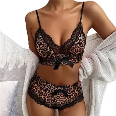 Women's Pajama Set Lace Sleepwear Bow Nightwear Leopard Print Womens Lounge Wear Sets Charming Soft Loungewear Summer Pjs Set