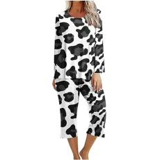 Womens Pajama Set Long Sleeve Pullover Top and Cropped Trousers Pjs Sets Summer Fall 2 Piece Outfits Nightwear Ladies Soft Loungewear Sleepwear Tracksuits UK Clearance