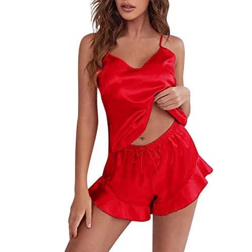 Women's Pajamas Short Sleeve Women Nightgown Sets Lingerie Satin Lingerie Sexy Nightie Slips Sleep Sets Sexy Slips Sleepwear Pajama Sets Valentine Silk Pajamas for Women Sale Clearance Red