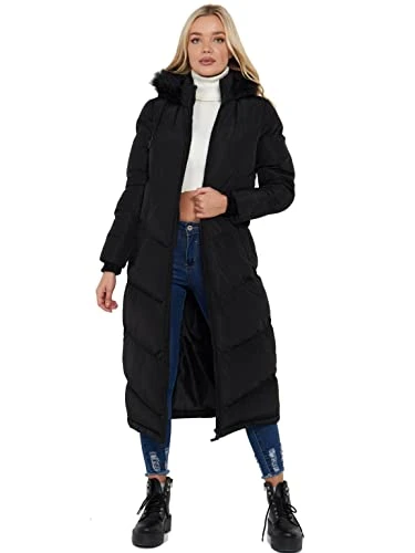 Womens Parka Coat Padded Showerproof Hood Maxi Jacket Black