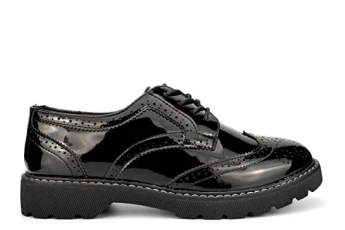 Womens Patent Platform Brogue Shoes with Low Heel Black 6 UK