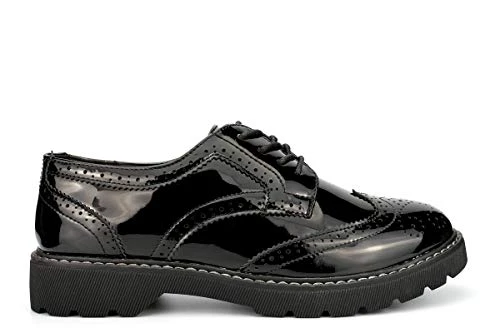 Womens Patent Platform Brogue Shoes with Low Heel Black 6 UK