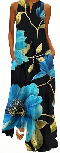 Women's Pattern Maxi Dress V-Neck Dress with Pockets and Wide Skirt (XL, Sky-blue flowers)