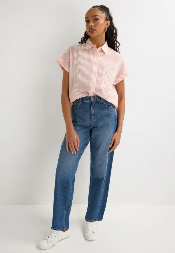 Womens Peach Stripe Crinkle Short Sleeve Shirt