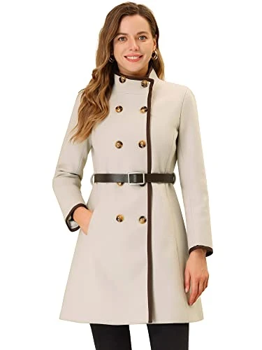 Women's Peacoat Trench Long Coat Belted Winter Stand Collar Coats Beige S