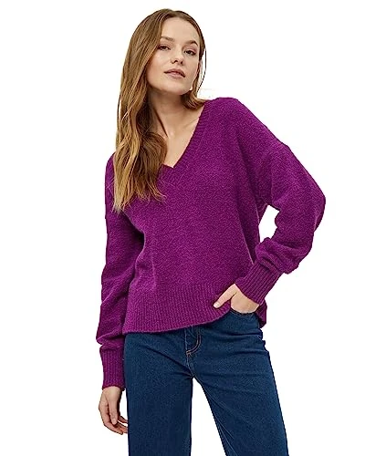 Women's Pearl V-Neck Long Sleeve Knit Pullover, 7024 Hollyhock Purple, XS