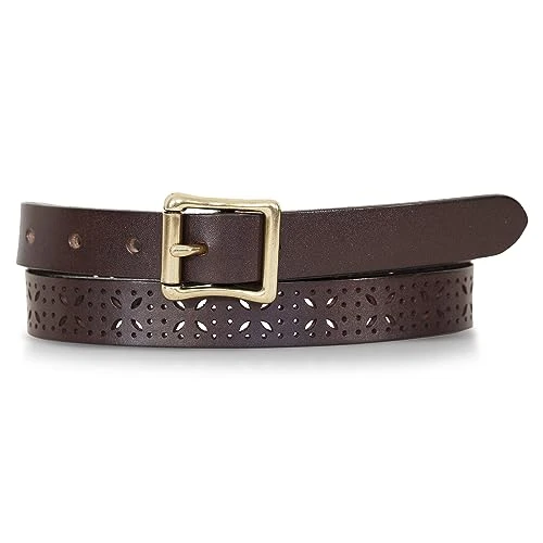 Women's Perforated Pattern Leather Belt-Brown-M, Medium