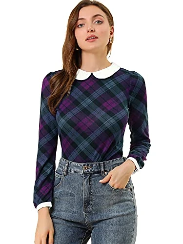 Women's Peter Pan Collar Contrast Puff Sleeve Plaid Shirt Blouse Purple M-12