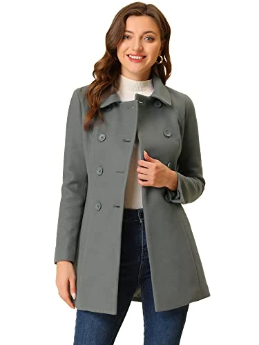 Women's Peter Pan Collar Double Breasted Winter Long Trench Pea Coat Dark Grey S