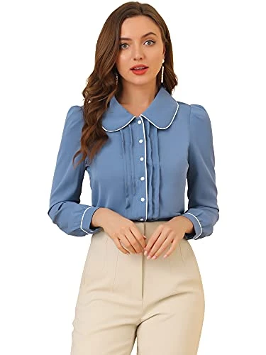 Women's Peter Pan Collar Shirt Long Sleeve Elegant Button Down Work Blouse, Grey Blue, S