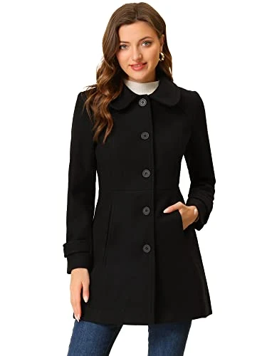 Women's Peter Pan Collar Single Breasted Button Front Winter Coat Black L