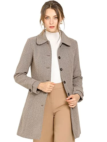 Women's Peter Pan Collar Single Breasted Overcoat Winter Long Coat Brown M-12