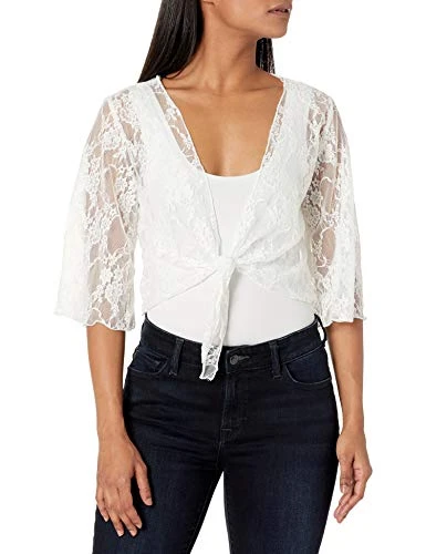 Women's Petite 3/4 Sleeve Stretch Lace Tiefront Shrug Sweater, Ivory, Size Large