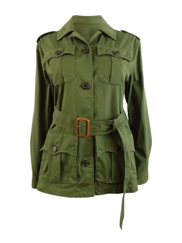 Women's Petite Belted Twill Field Jacket (6P, Dark Olive), Dark Olive, 10 Petite