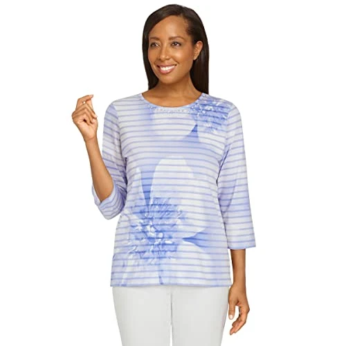 Women's Petite Floral Stripe Top Size PM Iris