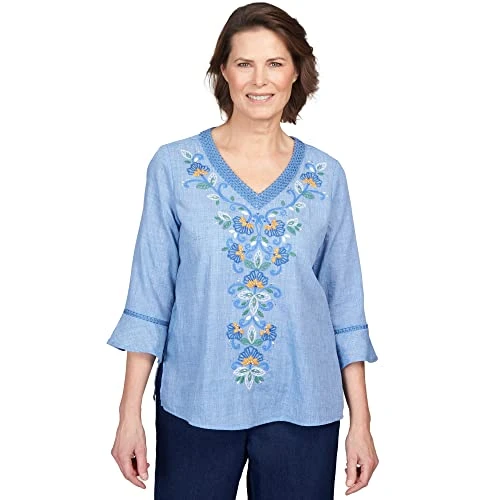 Women's Petite Scroll Center Embroidery V-Neck Top Size PXL Blue