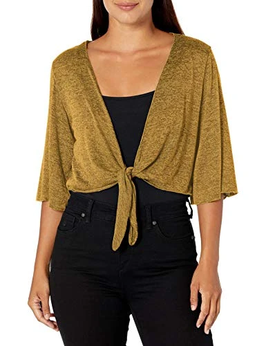 Women's Petite Stretch Hacci Knit Tie-Front Shrug Sweater, Mustard/Black, XL