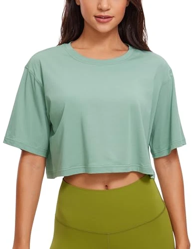 Women's Pima Cotton Workout T-Shirt Short Sleeve Running Crop Top Casual Athletic Tee Soft Seagrass 