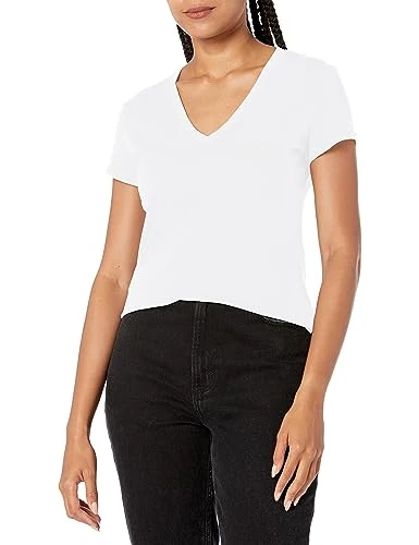 Women's Pima Slim Fit Cotton Jersey Velvet Logo V Neck Tee T-Shirt, White, XS