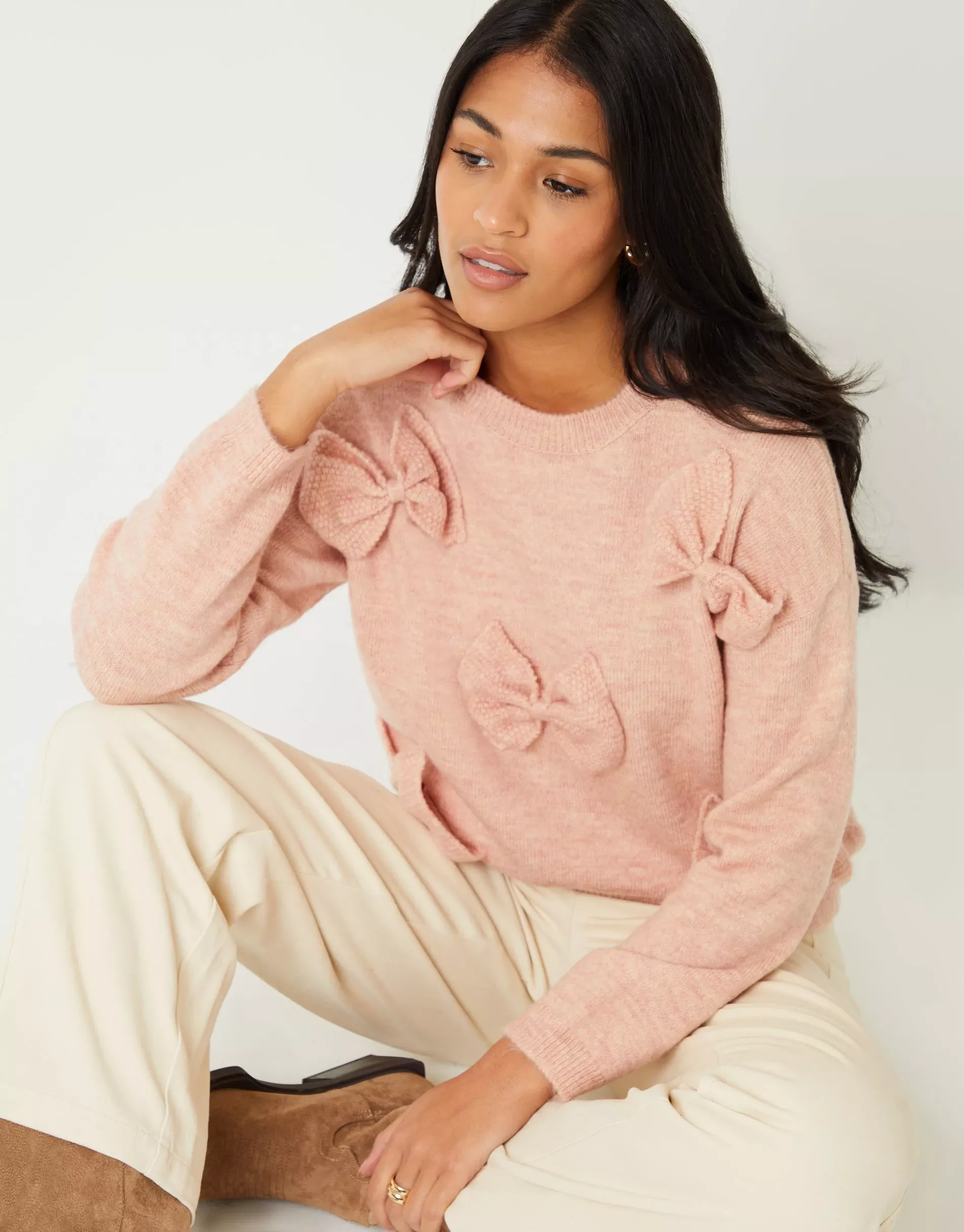 Women's Pink Bow Appliqué Knitted Jumper