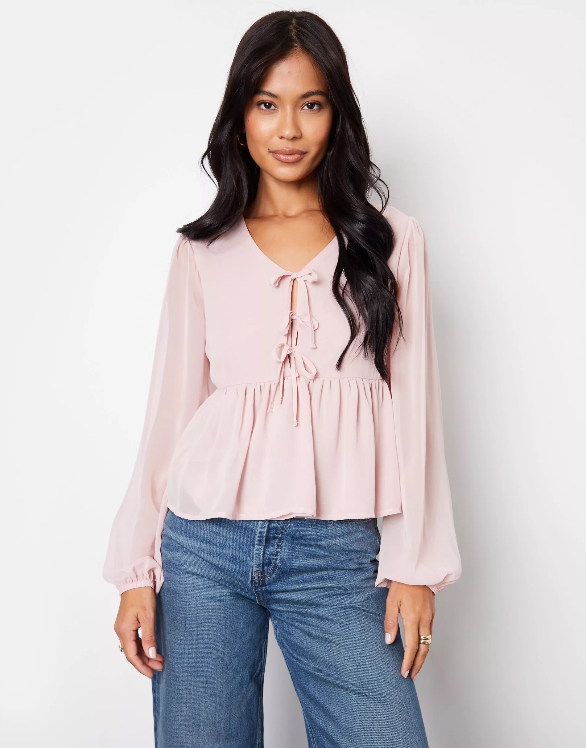 Women's Pink Chiffon Tie Front Smock Blouse