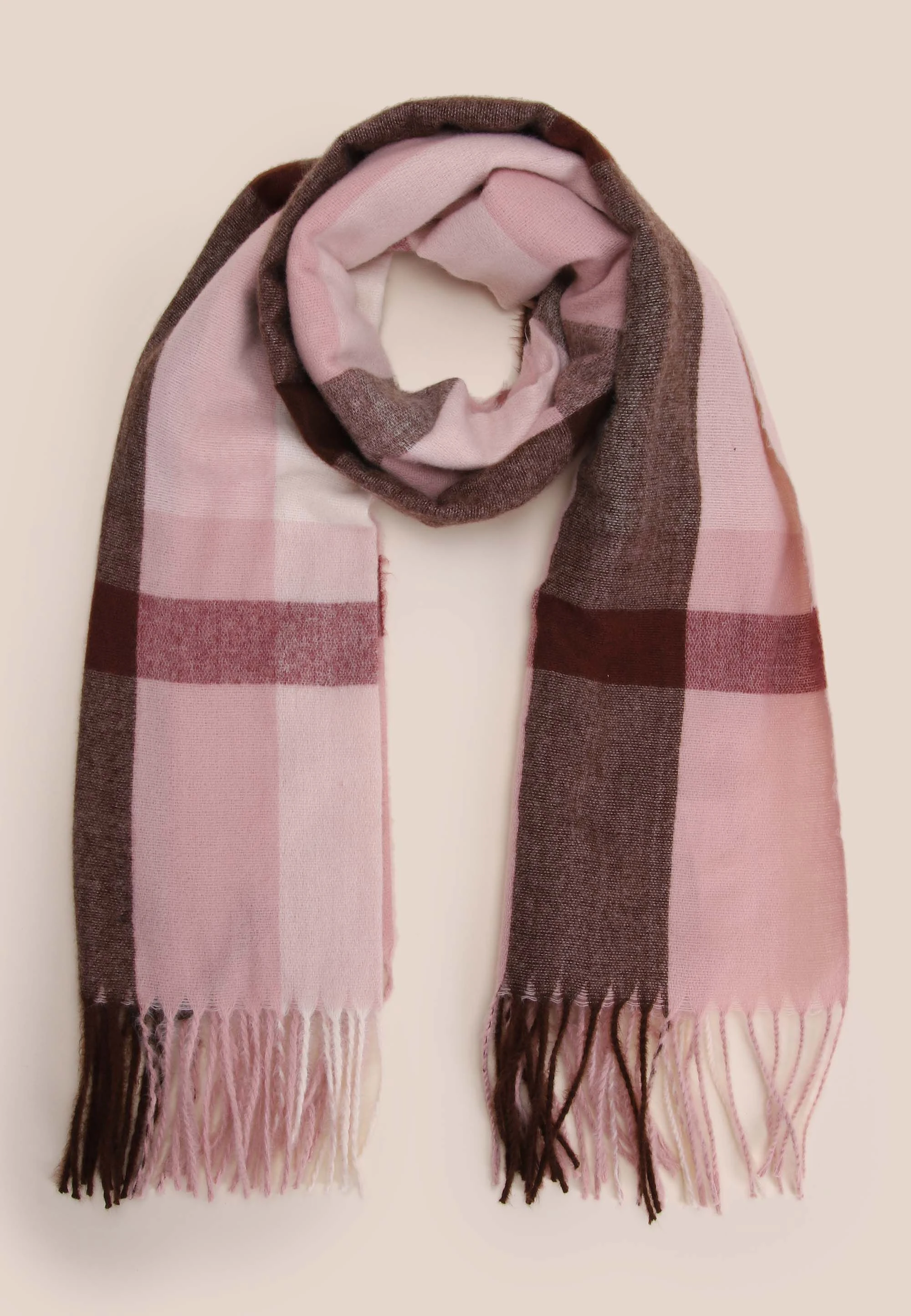 Womens Pink Fringed Check Scarf