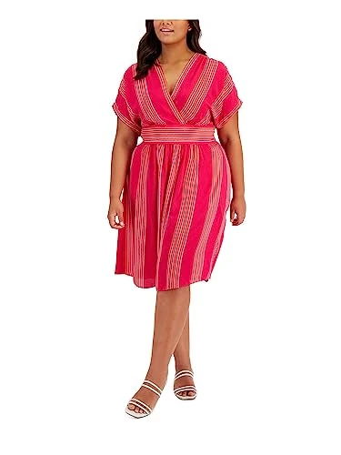 Womens Pink Printed Short Sleeve Surplice Neckline Knee Length Fit + Flare Dress US Size: S