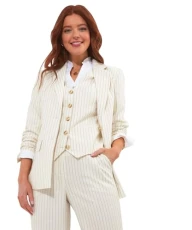 Women's Pinstripe Co-Ord Linen Blend Single Breasted Jacket Blazer, Cream, 14