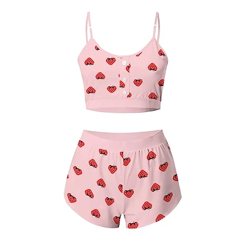 Womens Pjs Set Stylish Women's Sleepwear Strawberry Print Women's Nightwear, Womens Lounge Wear Sets Sweet Pajamas