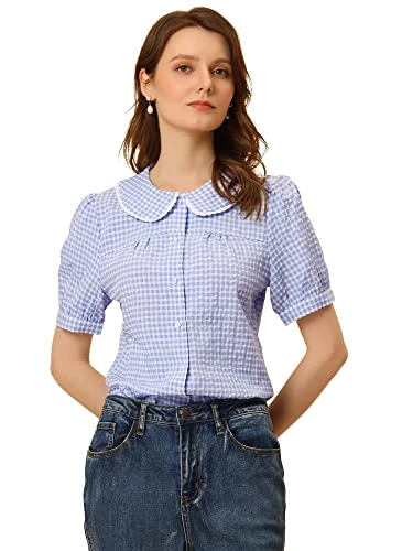 Women's Plaid Blouse Puff Short Sleeve Contrast Peter Pan Collar Top Blue 12