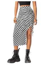 Women's Plaid Checkered Drawstring Ruched Midi Skirt Split Thigh Bodycon Pencil Skirts Black and White S