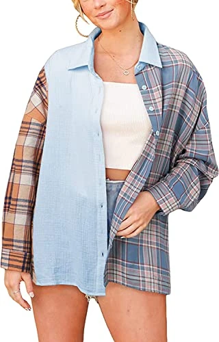 Women's Plaid Color Block Shirt Casual Patchwork Button Down Shirt Blouse Tops Blue