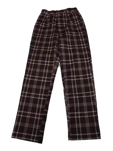 Women's Plaid Cropped Trousers Button Casual Tartan Check Work Pants, Red Brown, Large