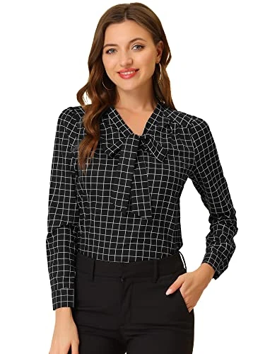 Women's Plaid Elegant Bow Tie Neck Puff Long Sleeve Work Shirt Blouse Black S-8