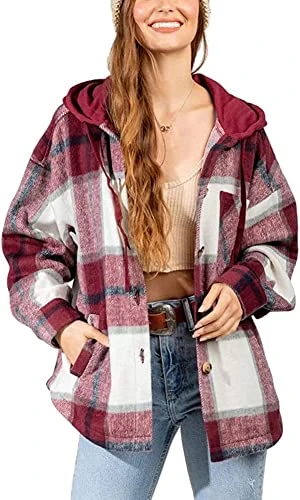 Women's Plaid Flannel Button Down Shirt Hooded Shirt Jacket Shackets Wine Red