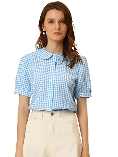 Women's Plaid Gingham Blouse Puff Short Sleeve Peter Pan Collar Button Down Shirt Light Blue 20