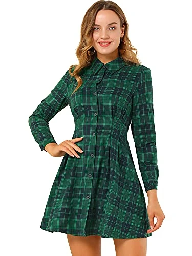 Women's Plaid Shirtdress Cinched Waist Button Up Casual A-Line Tartan Shirt Mini Dress Green 12