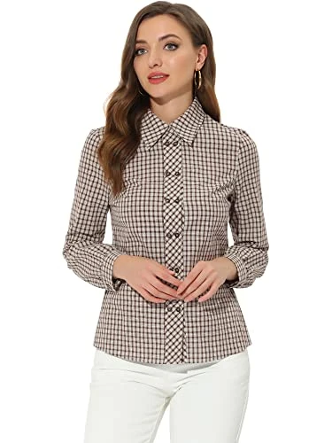 Women's Plaid Turn Down Collar Tops Double Breasted Long Sleeve Button Down Shirt Blouse Brown 16