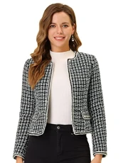 Women's Plaid Tweed Blazer Suit Blazers Long Sleeve Open Front Work Office Short Jacket Black 16