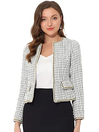 Women's Plaid Tweed Blazer Suit Blazers Long Sleeve Open Front Work Office Short Jacket White 12