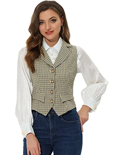 Women's Plaid Waistcoat Notched Lapel Collar Single Breasted Vintage Vests Brown M