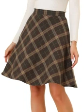 Women's Plaids Vintage Tartan Elastic Waist Knee Length A ine Skirt, Seal Brown, L